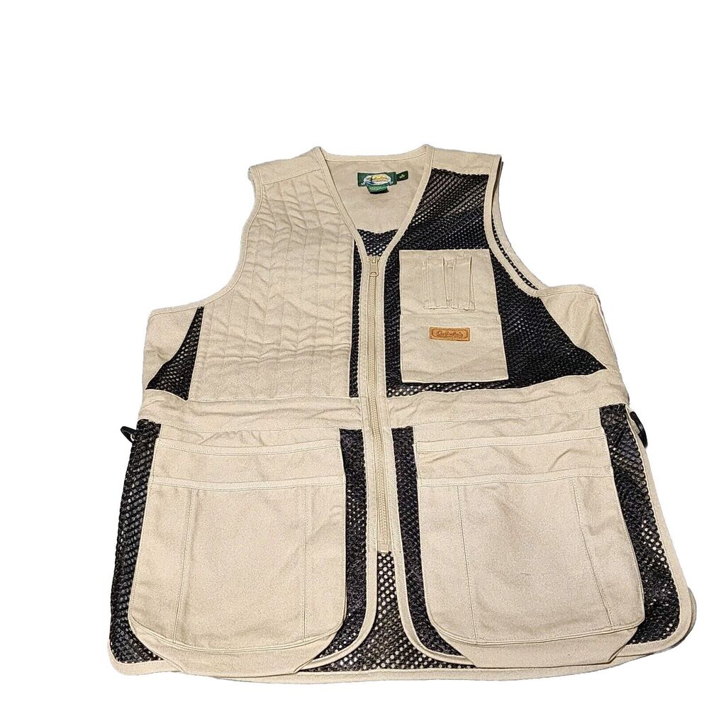 Cabelas Targetmaster Mens Medium Hunting Shooting Tan Mesh Vest Zip Duck Pocket